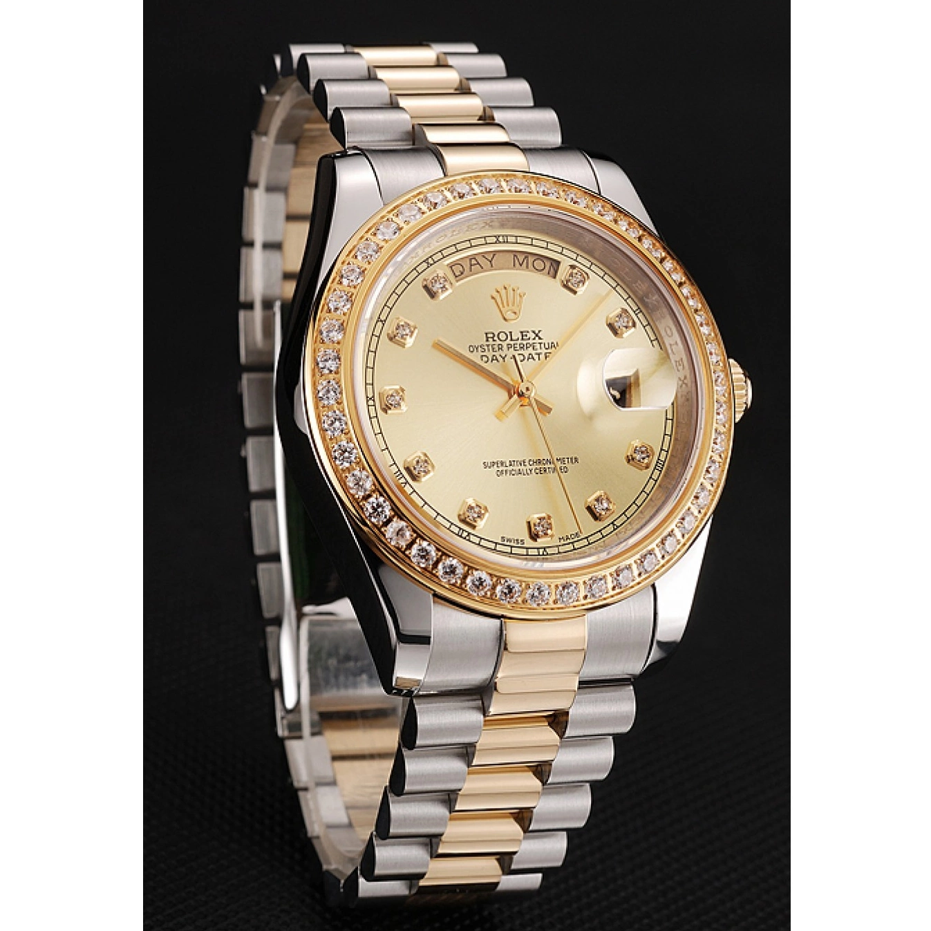 Best AAA Replica Sites Case Gold Two Dial Day-Date 1453974 Tone Bracelet Champagne Steel Stainless Diamond Rolex Swiss 0528